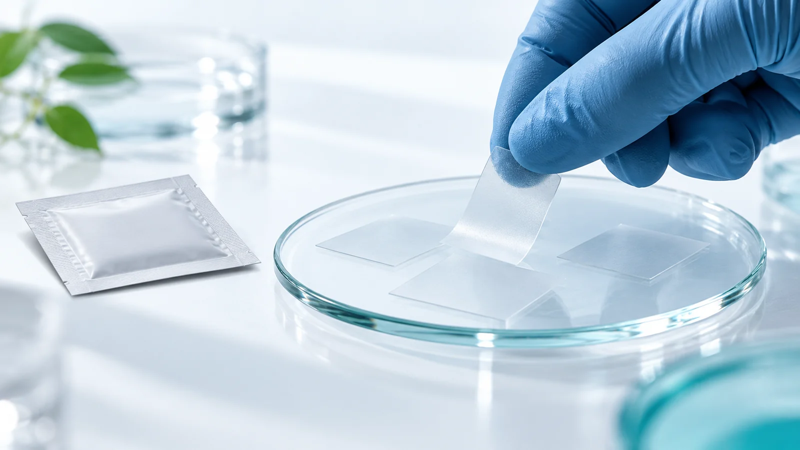 Thin oral film samples being handled in a laboratory