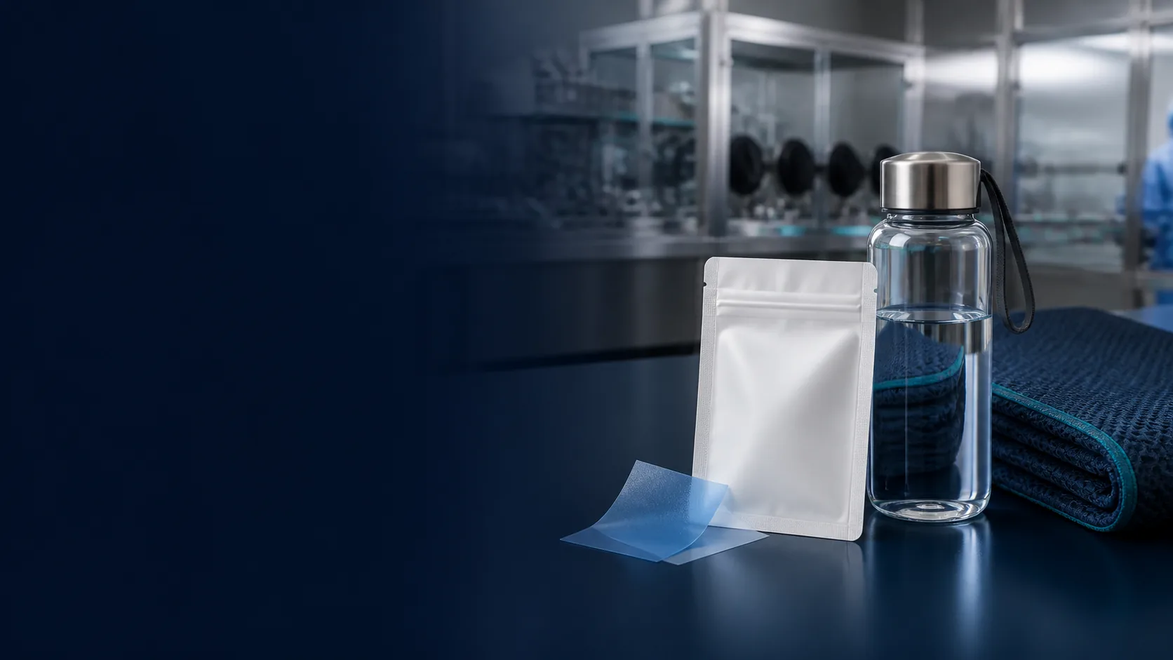 Sealed oral film pouch beside reusable bottle and technical fabric