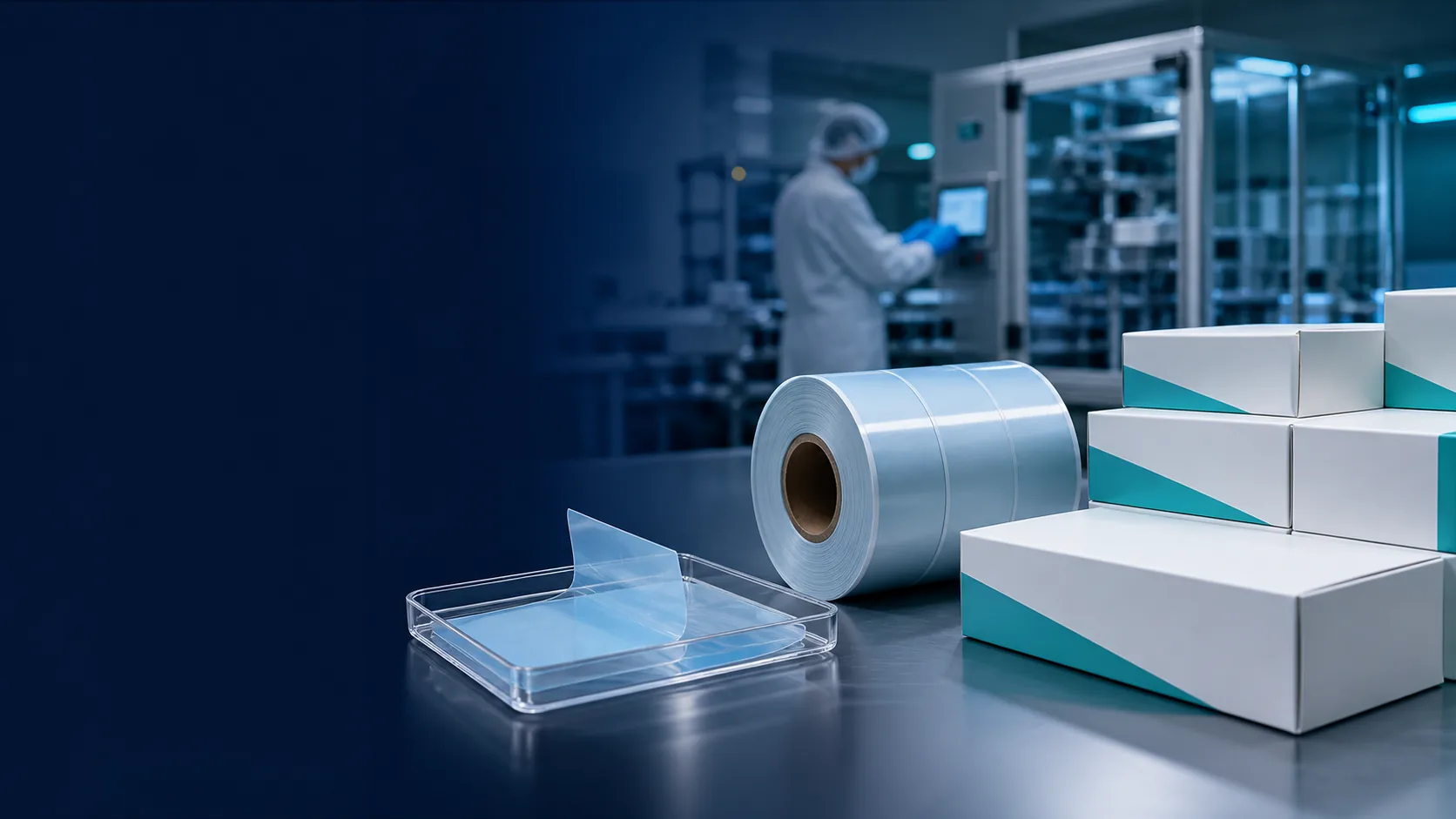 Prototype tray pilot film roll and commercial oral film cartons showing scale progression