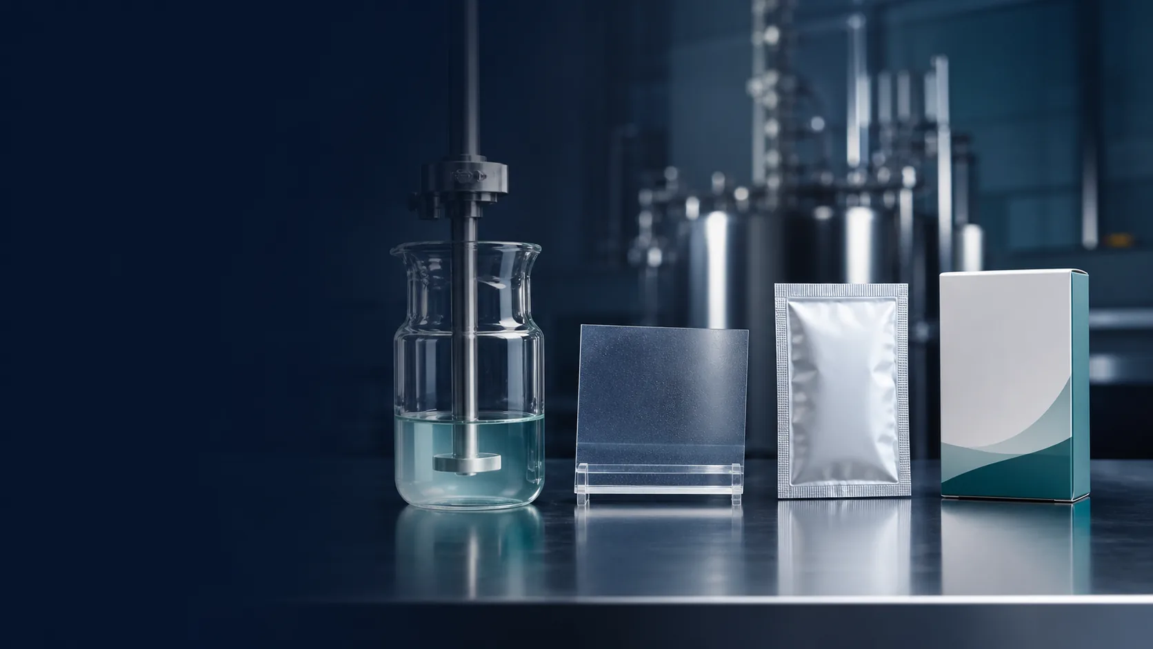 Physical oral film development stages arranged from ingredients to finished carton