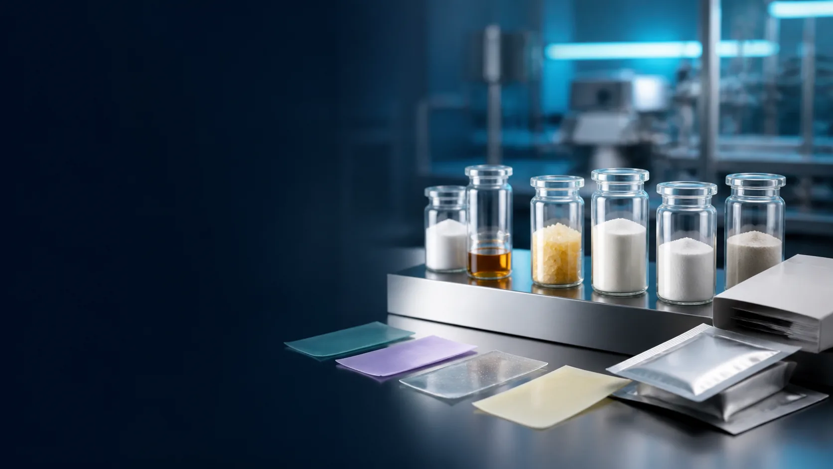 Several ingredient vessels and oral film samples showing customization options