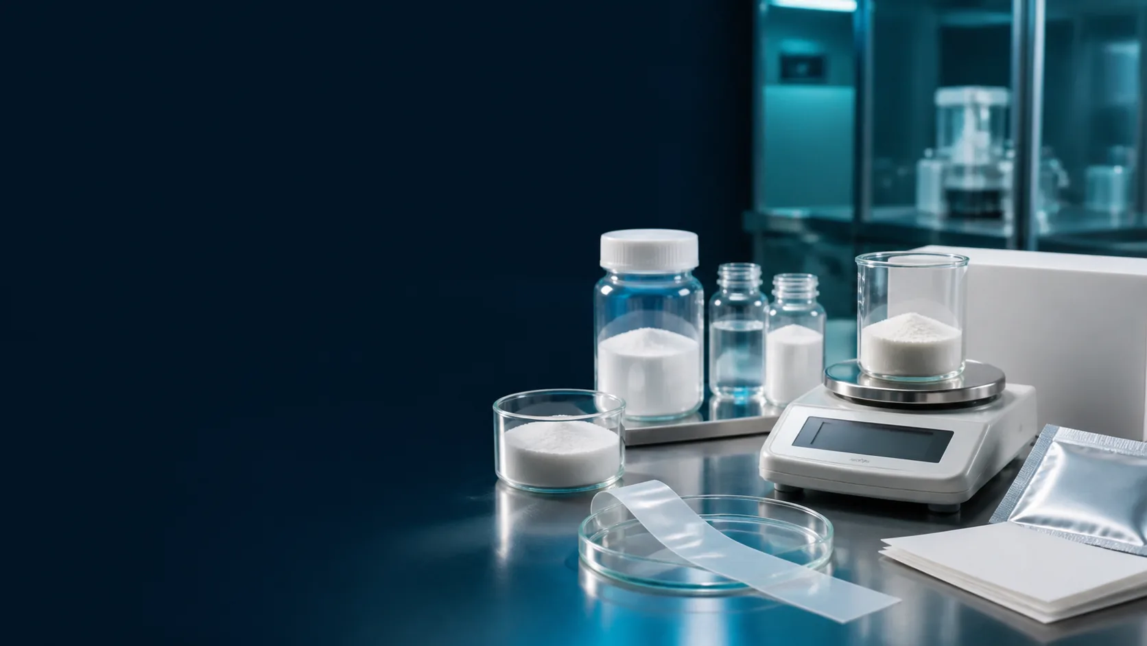 Ingredient samples precision balance and a clear oral film prototype
