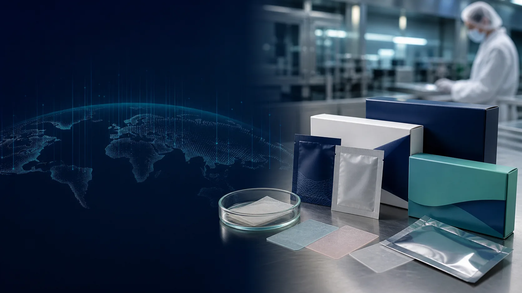 Oral film packaging samples beside an abstract global planning grid