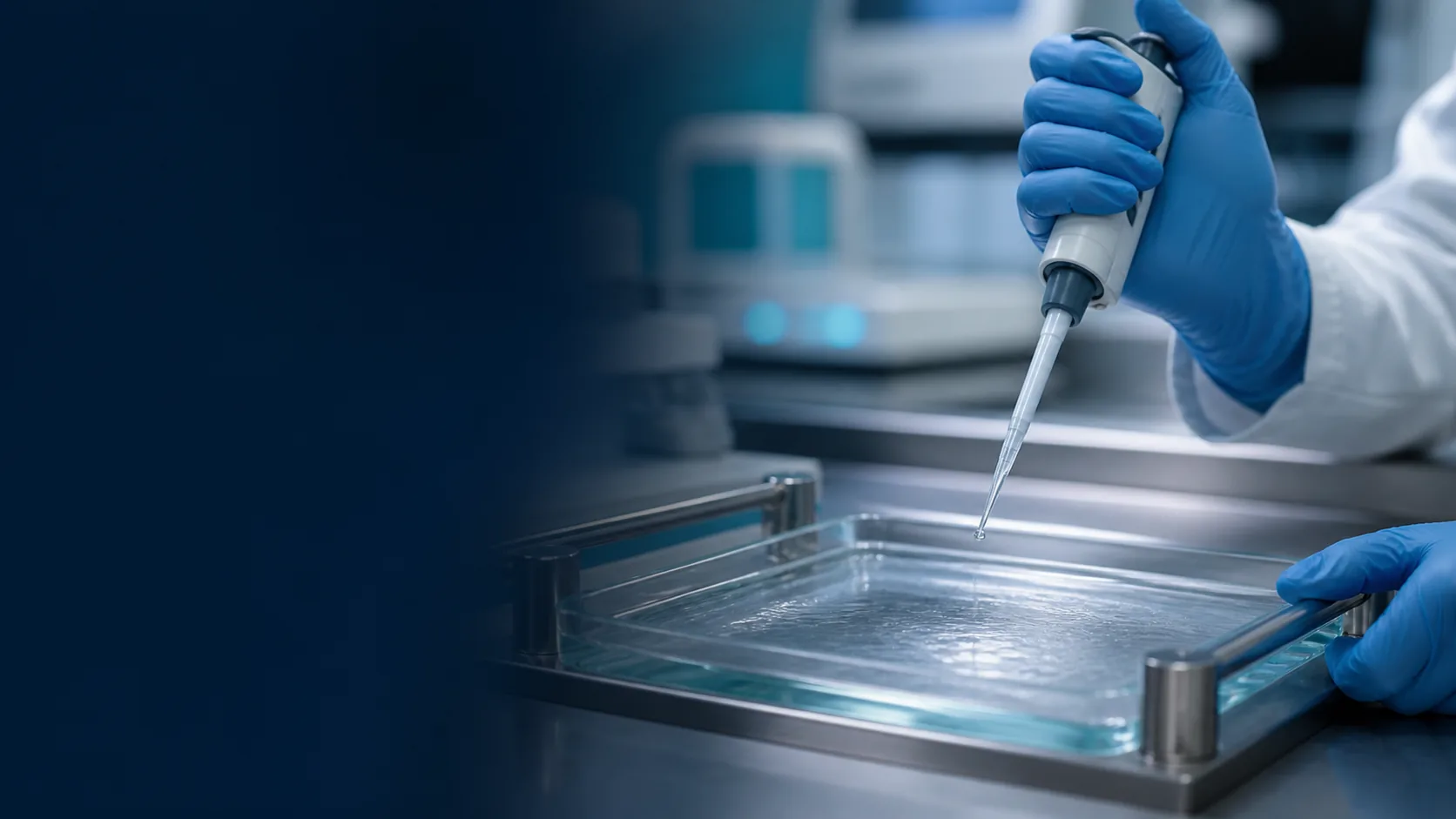 Scientist using a pipette over a clear oral film formulation tray in a modern laboratory