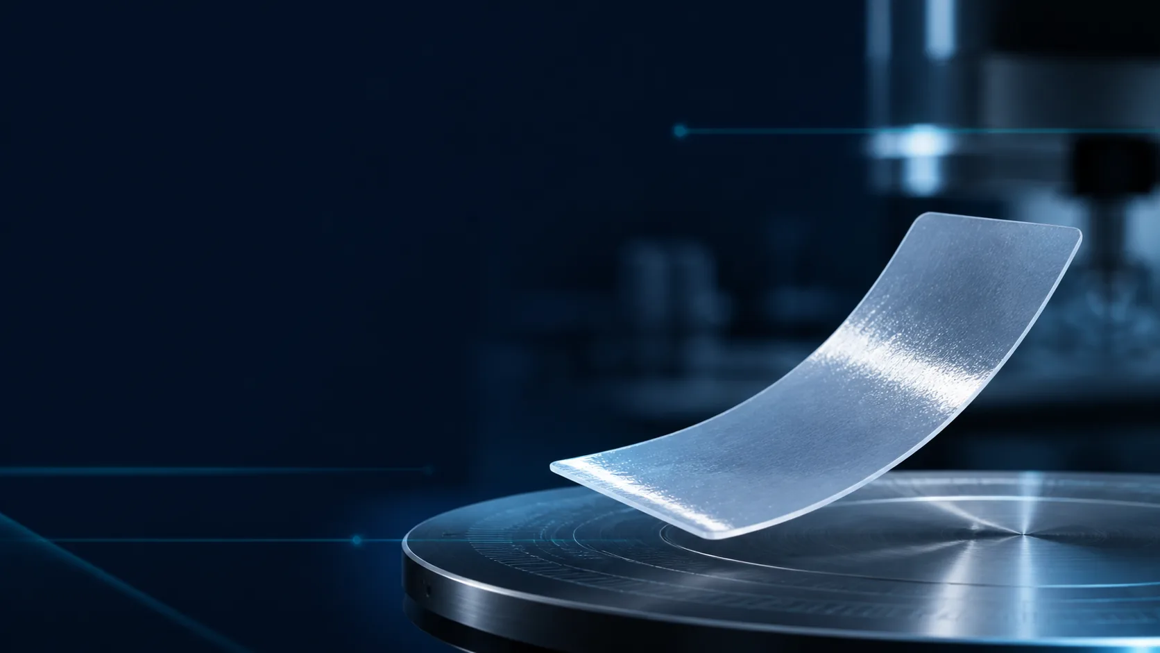Flexible translucent oral dissolving film strip displayed on a precision engineering surface