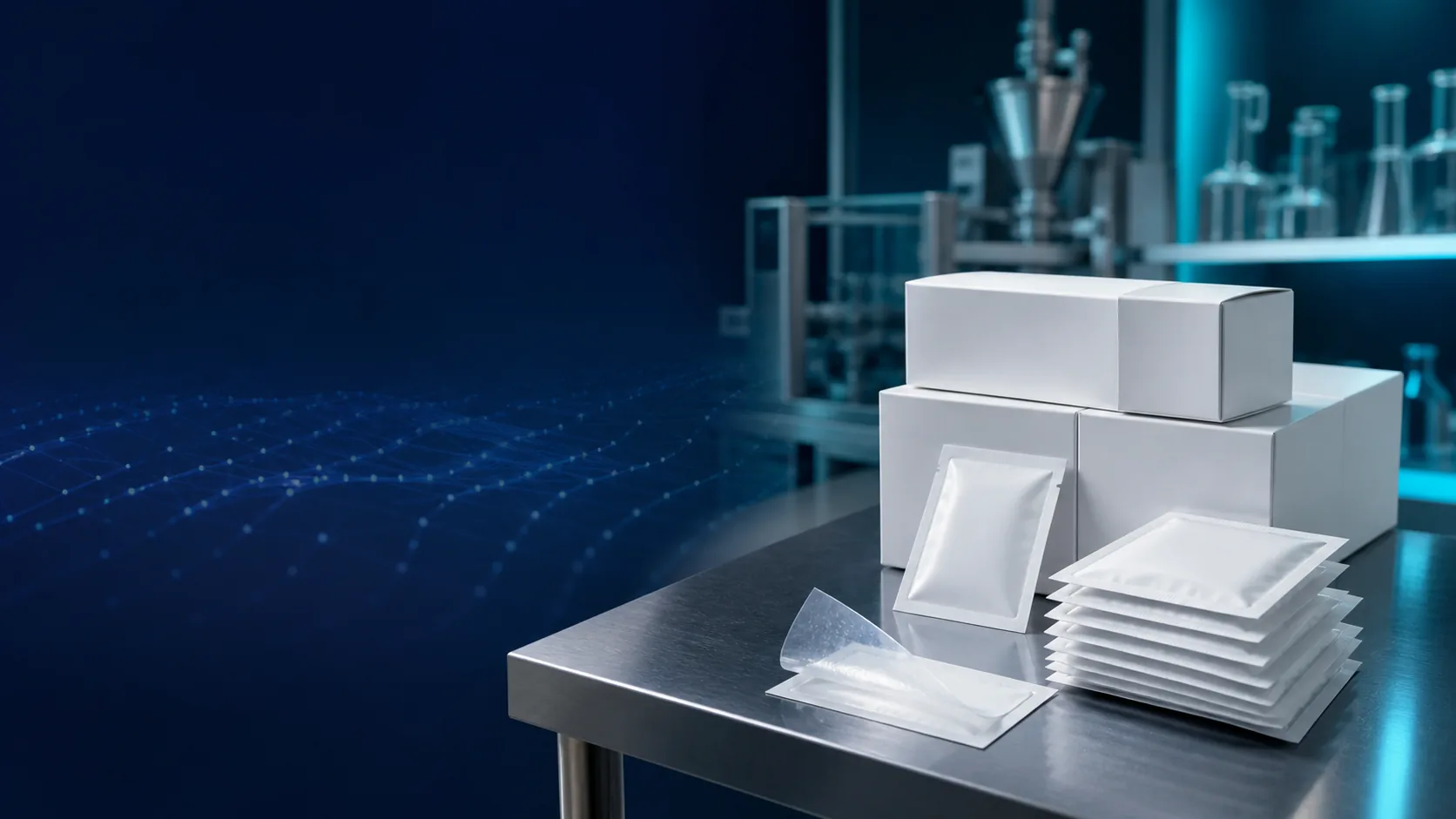 Unbranded oral film cartons and sealed pouches arranged for global B2B supply