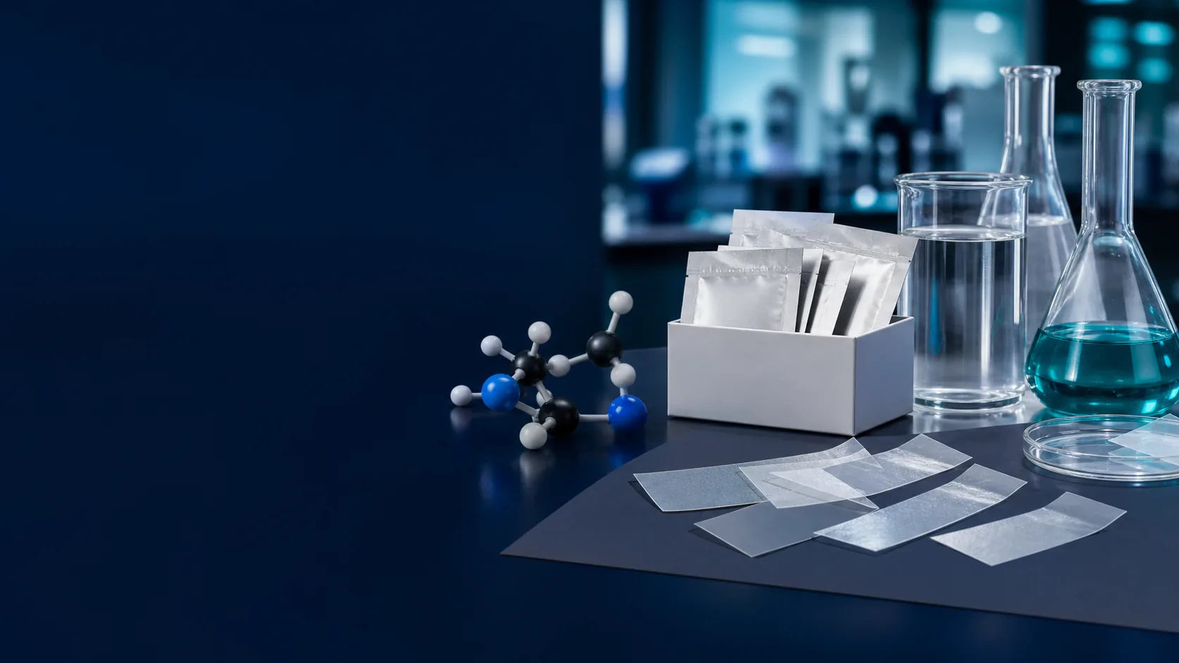 Oral film formulation samples molecular models and clean laboratory vessels