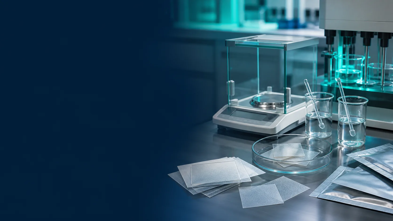 Oral film feasibility laboratory with precision balance and formulation vessels