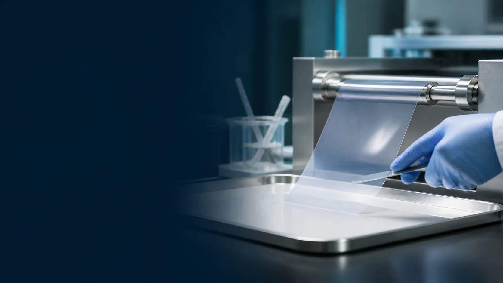 Clear oral film prototype being cast uniformly on a laboratory tray