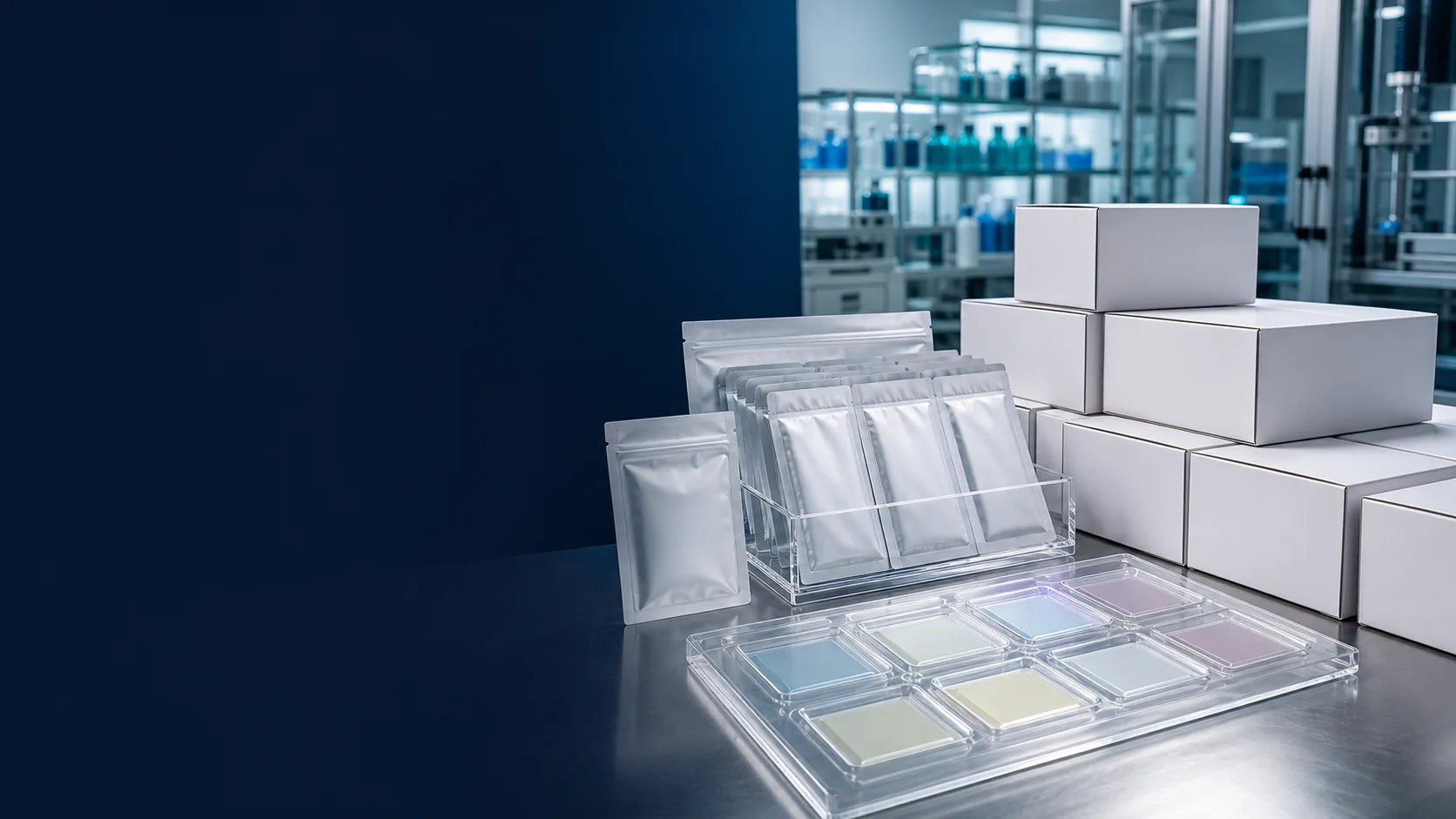 Sealed oral film pouches quality samples and organized unbranded cartons