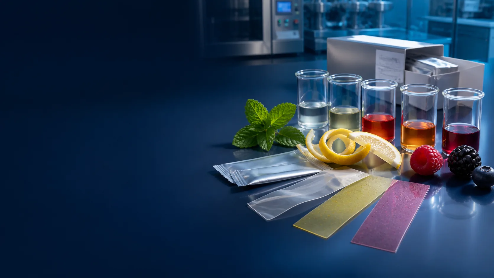 Oral film samples in varied dimensions and subtle colors on a precision measurement surface
