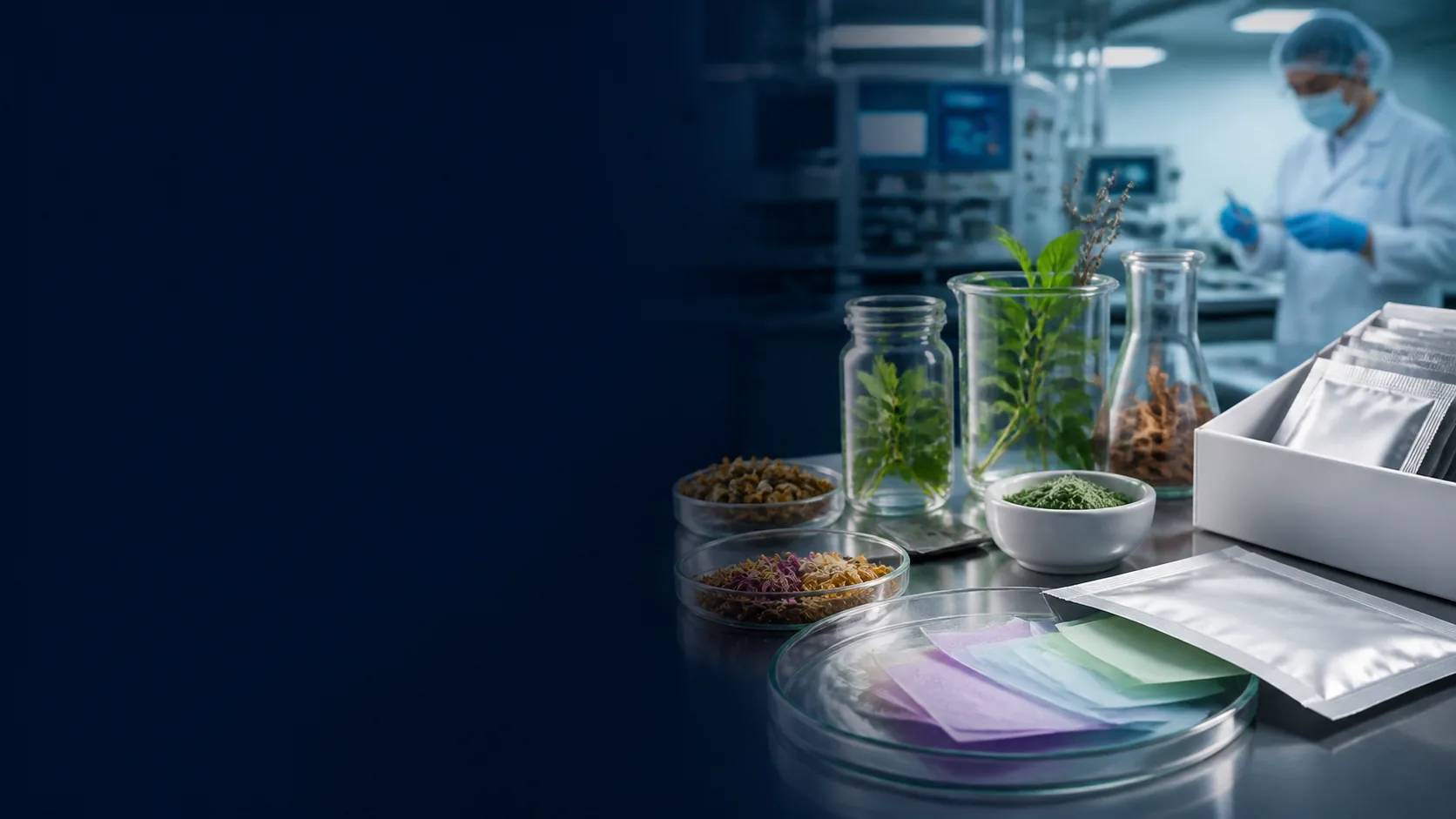 Botanical inspired ingredients clear vessels and oral film prototypes in a laboratory