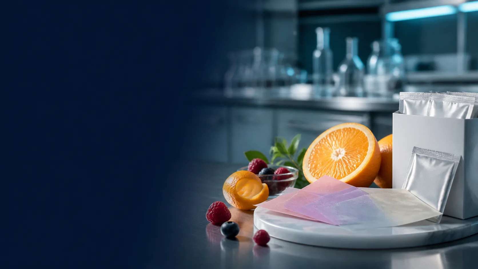 Citrus berry accents and oral film samples for vitamin sensory development