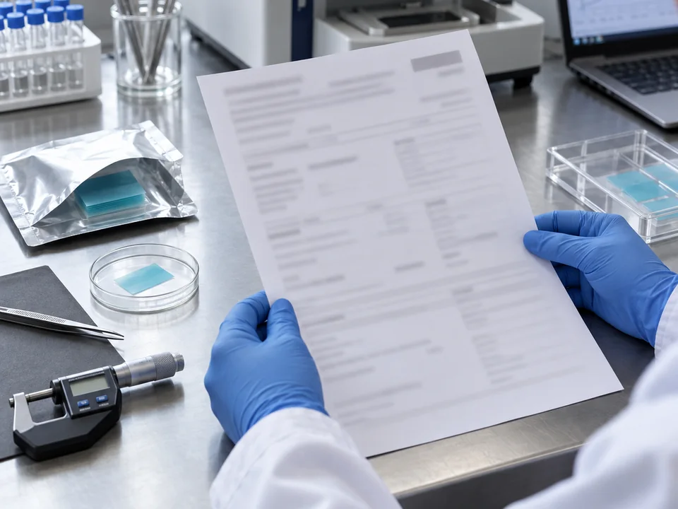 Quality specialist reviewing an oral film specification