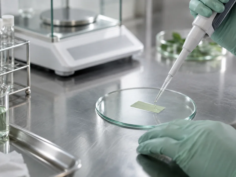 BPC-157 oral film feasibility sample under precision pipetting in a biotechnology laboratory