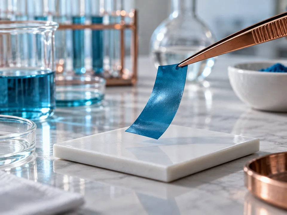 Blue GHK-Cu oral film prototype held with laboratory tweezers beside copper-toned equipment