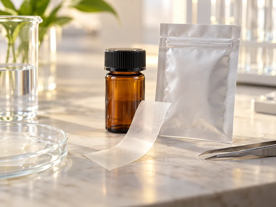 Pearlescent glutathione oral film prototype with amber protection vessel and blank barrier pouch