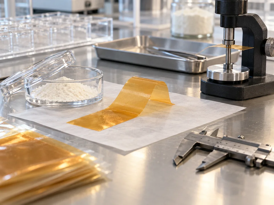 Amber NAD plus oral film feasibility sample beside a weighing dish and thickness gauge