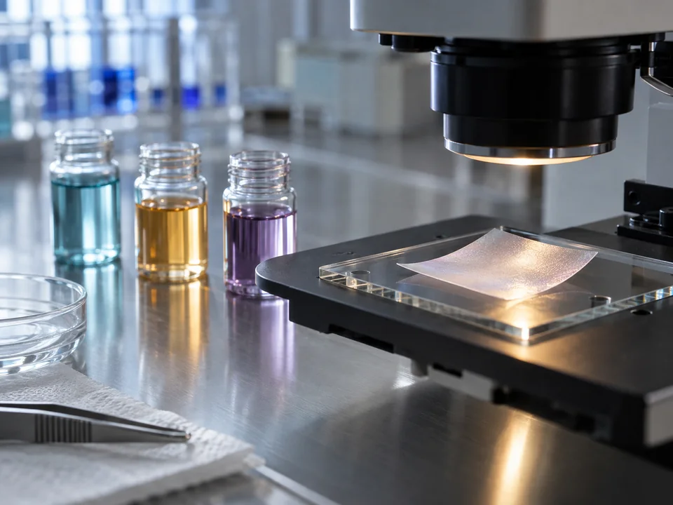 Retatrutide oral film feasibility sample undergoing microscope inspection beside three formulation vessels