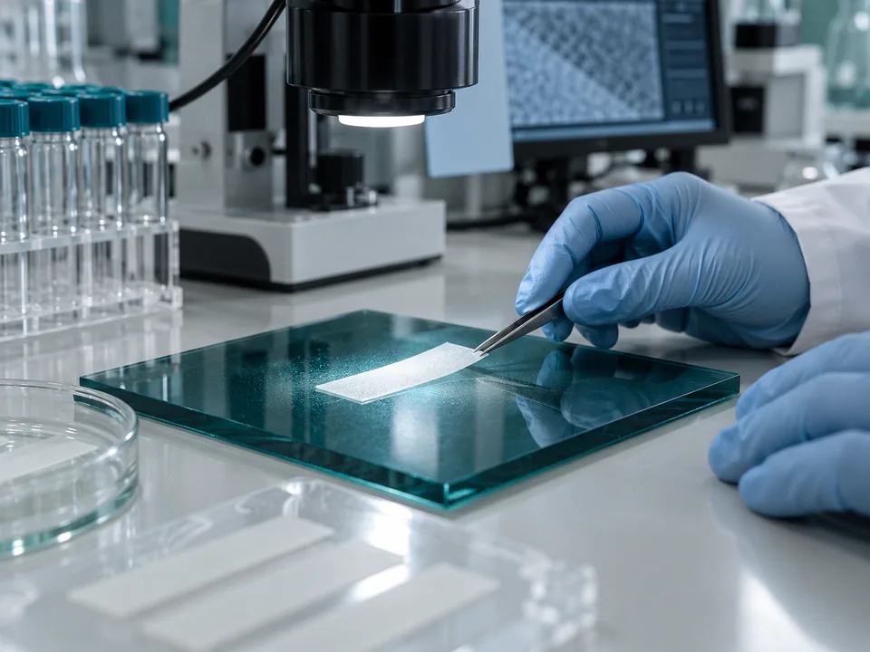 Semaglutide oral film feasibility sample under uniformity inspection in a pharmaceutical laboratory
