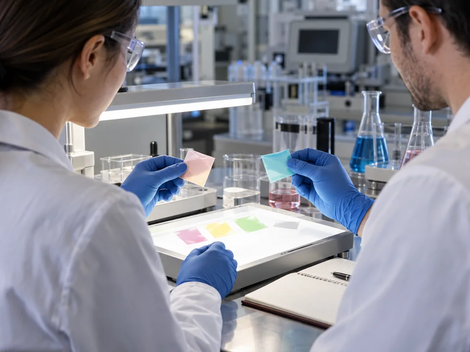 Scientists comparing exclusive oral film formula prototypes