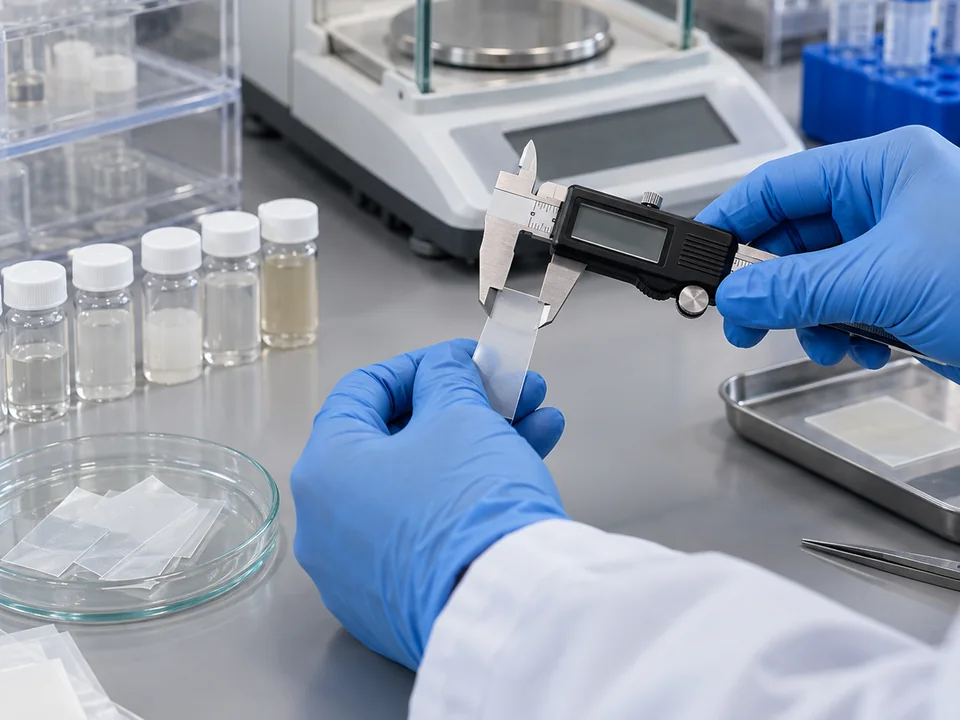 Analyst measuring an oral film sample during feasibility testing