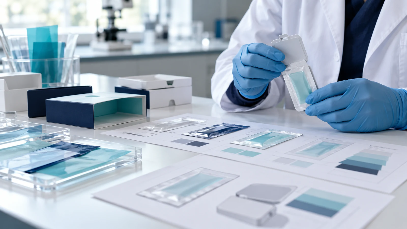 Scientist inspecting single-dose oral film pouch concepts and packaging samples