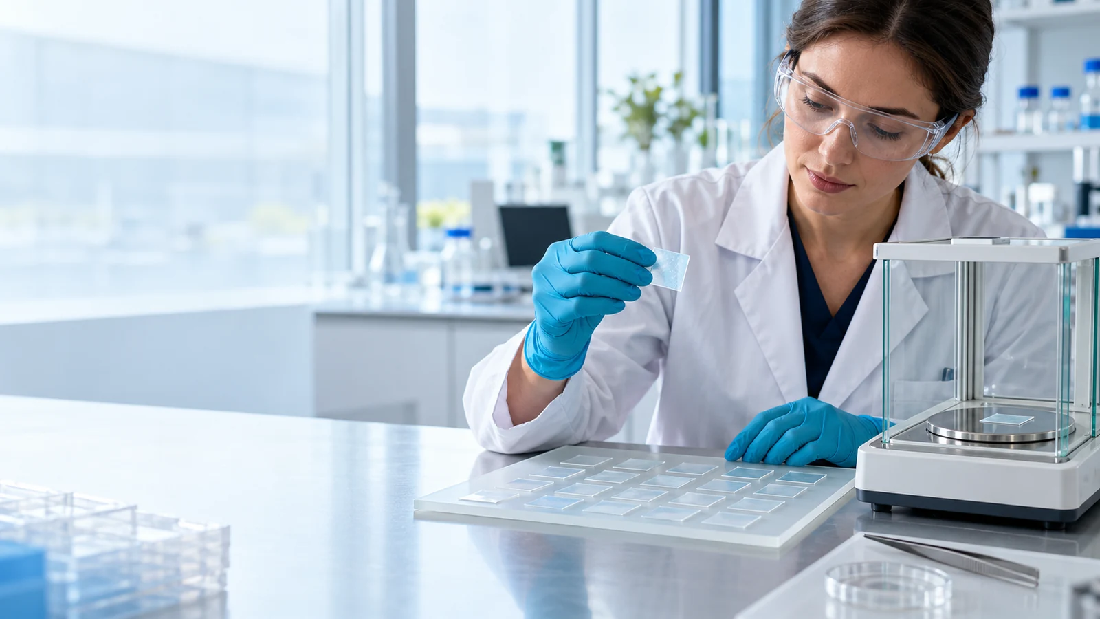 Quality analyst inspecting individual oral film strips beside a laboratory balance