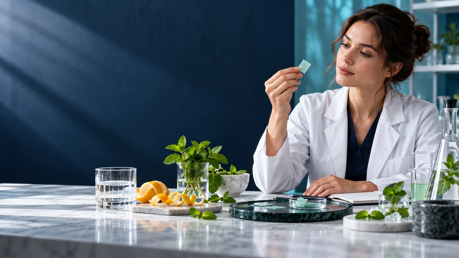 Flavor scientist reviewing a thin oral film with mint and citrus ingredients nearby